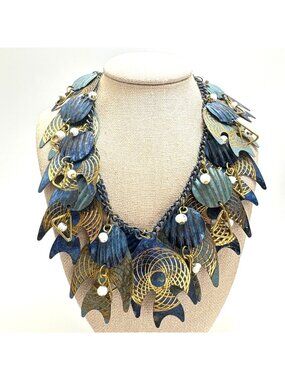Blue Metal Fish Gold Spiral Bold Statement Necklace 22" Length